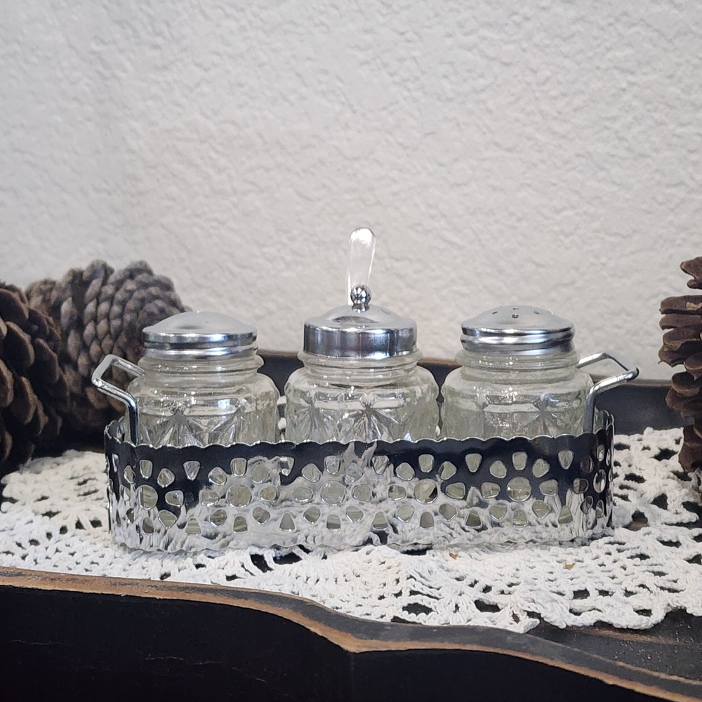 Vintage Glass Condiment Set With Floral Metal Caddy | Salt Pepper Sugar